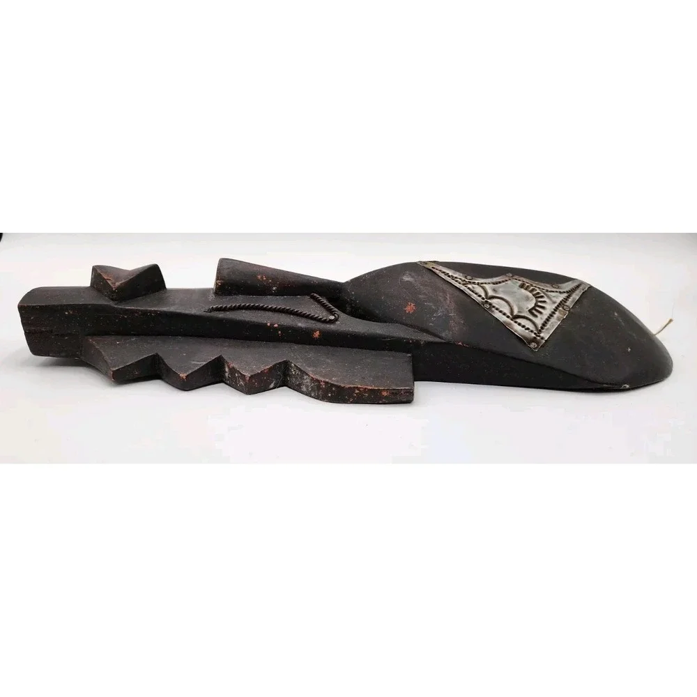 Wooden Hand Carved Beautiful And Hammered Metal Ghana Mask 14 1/2